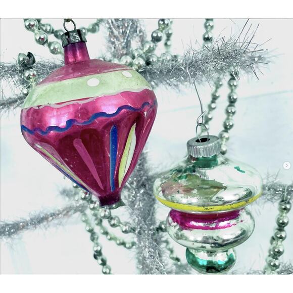 FLAWED Vintage Christmas Glass Ornaments Jumbo Teardrop Striped Tornado PAIR - Picture 1 of 7